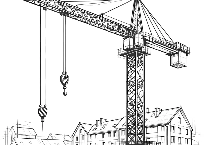 Complex crane in front of buildings: Download coloring page for free