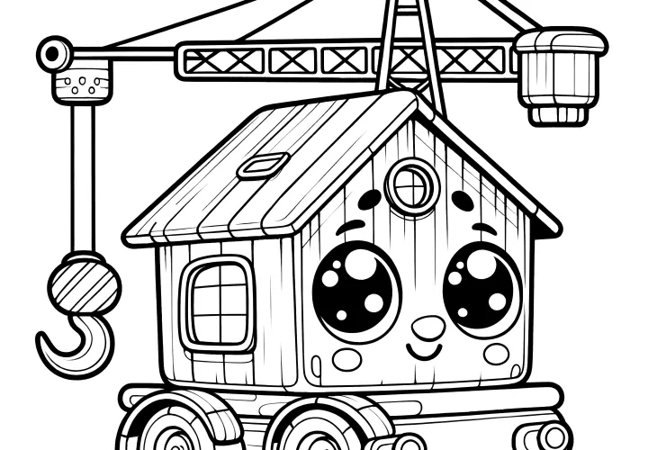 Happy toy crane in the shape of a house with a face: Coloring picture (Free)