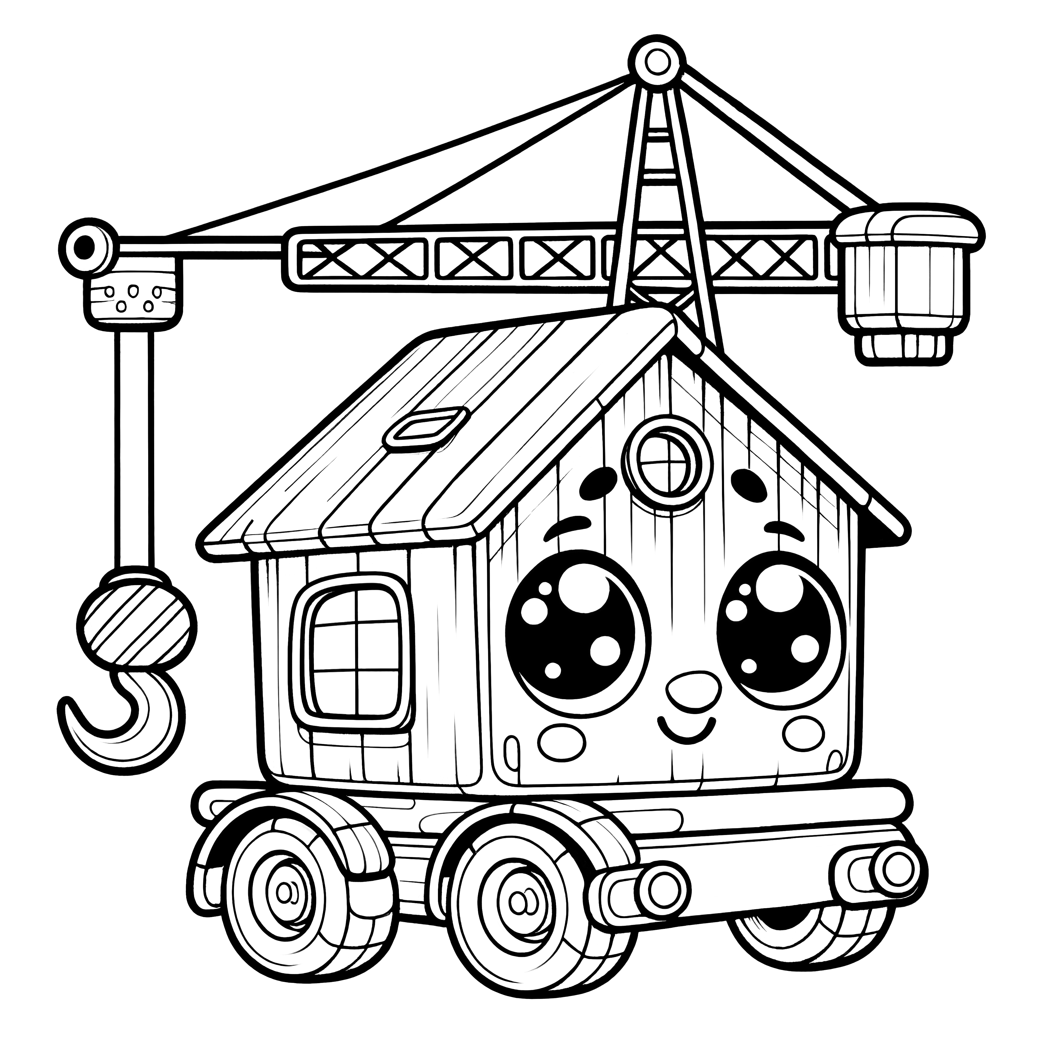 Cheerful toy crane in the shape of a house with a face: Coloring picture (Free)