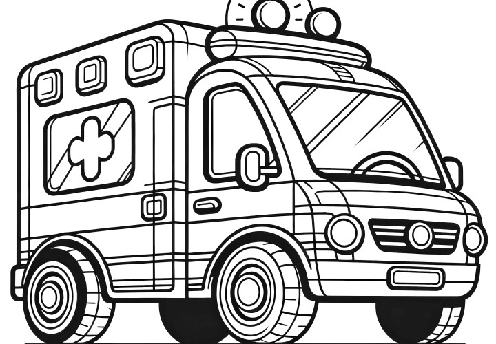 Ambulance with blue lights: Simple coloring picture for download (Free)