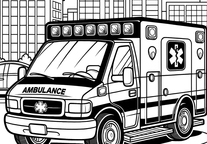 Ambulance in the big city: Coloring page for download (Free)