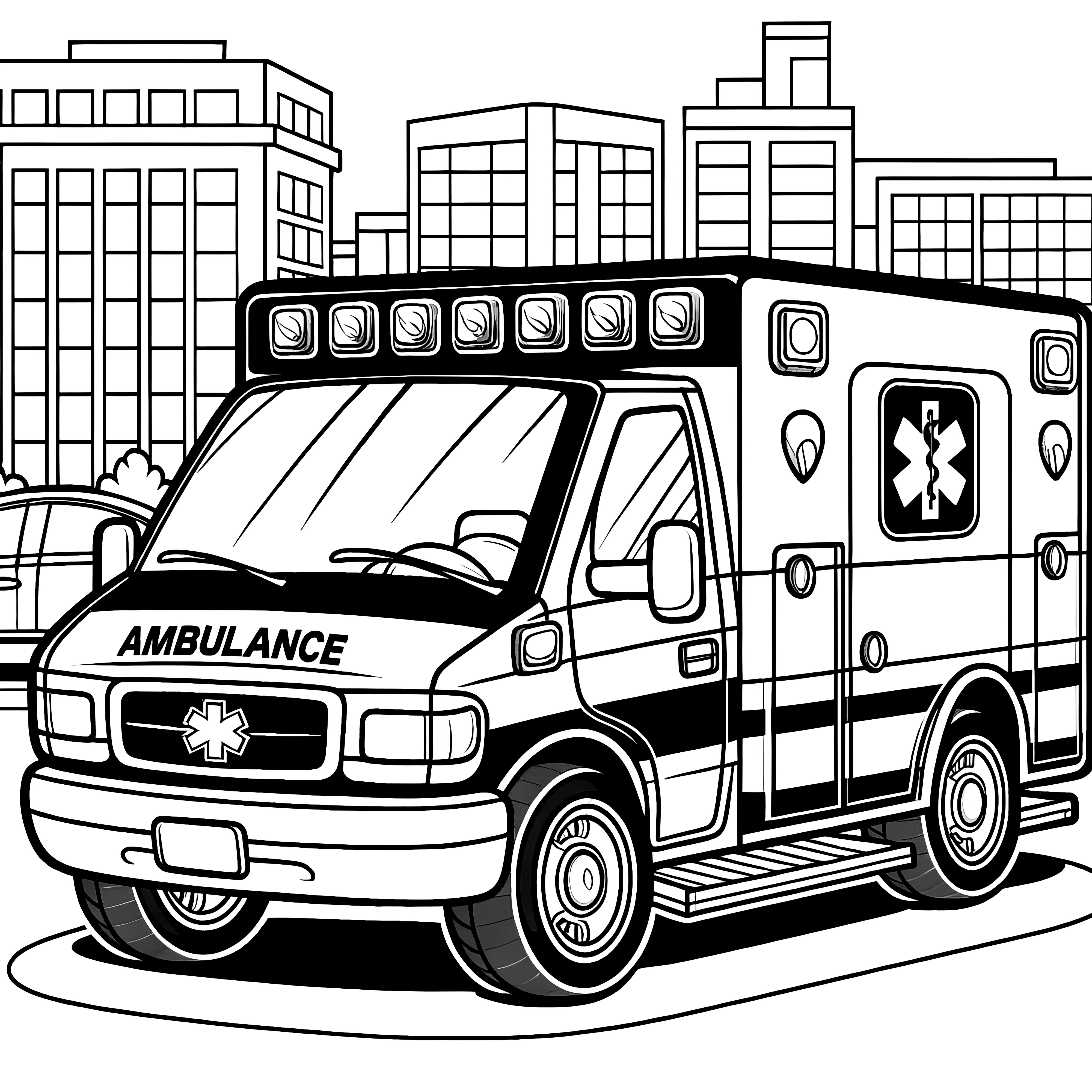 Ambulance in big city: Coloring page for download (Free)