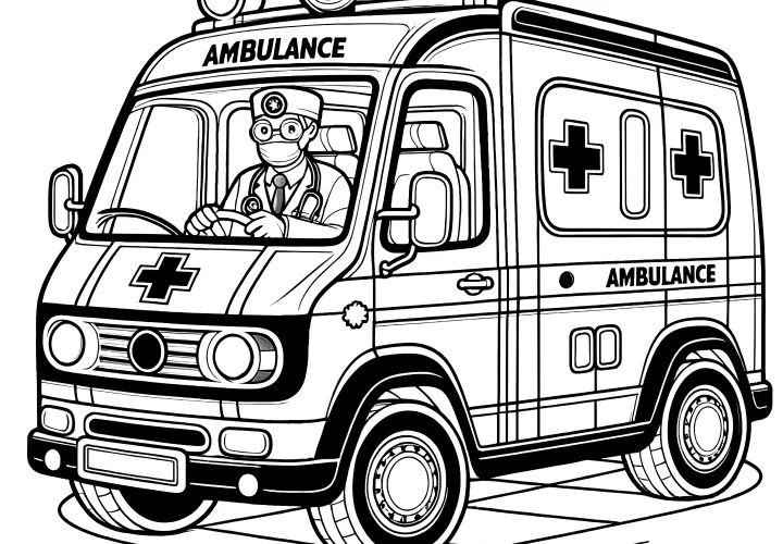 Ambulance with doctor: coloring page for download (free)