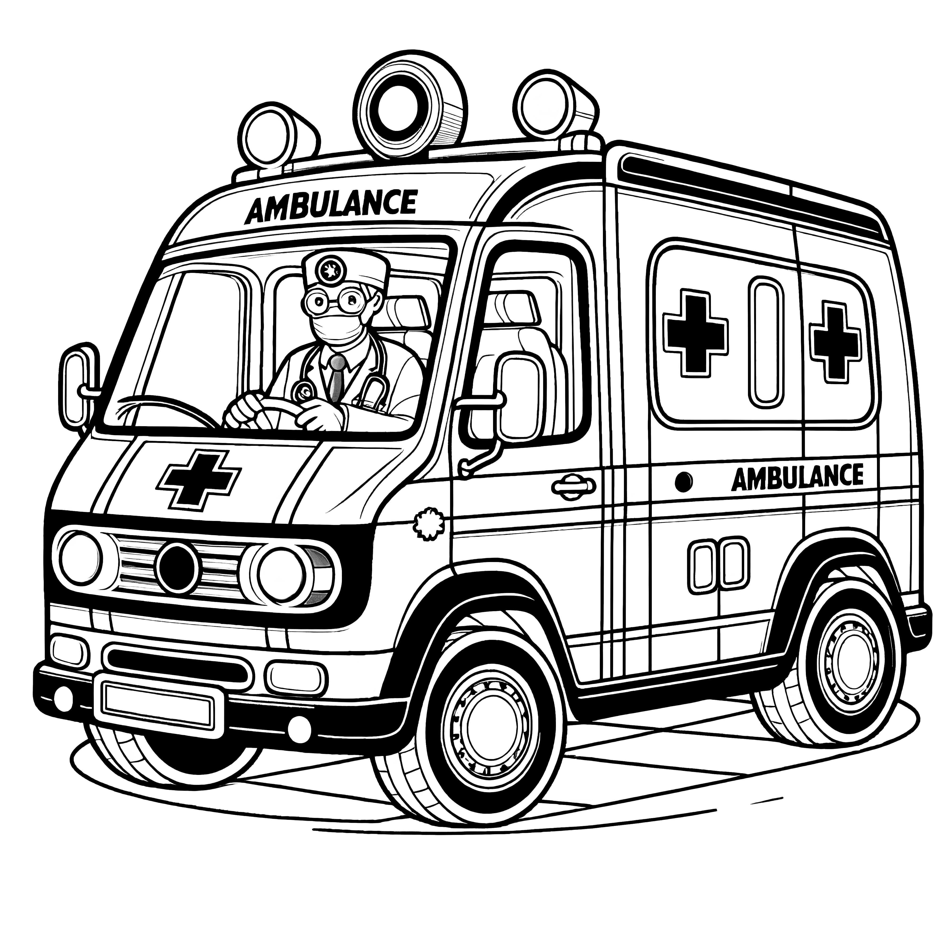 Ambulance with doctor: Coloring page for downloading (Free)