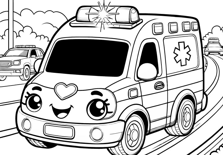 Ambulancia amigable con cara en la calle: dibujo para colorear para niños (Gratis)