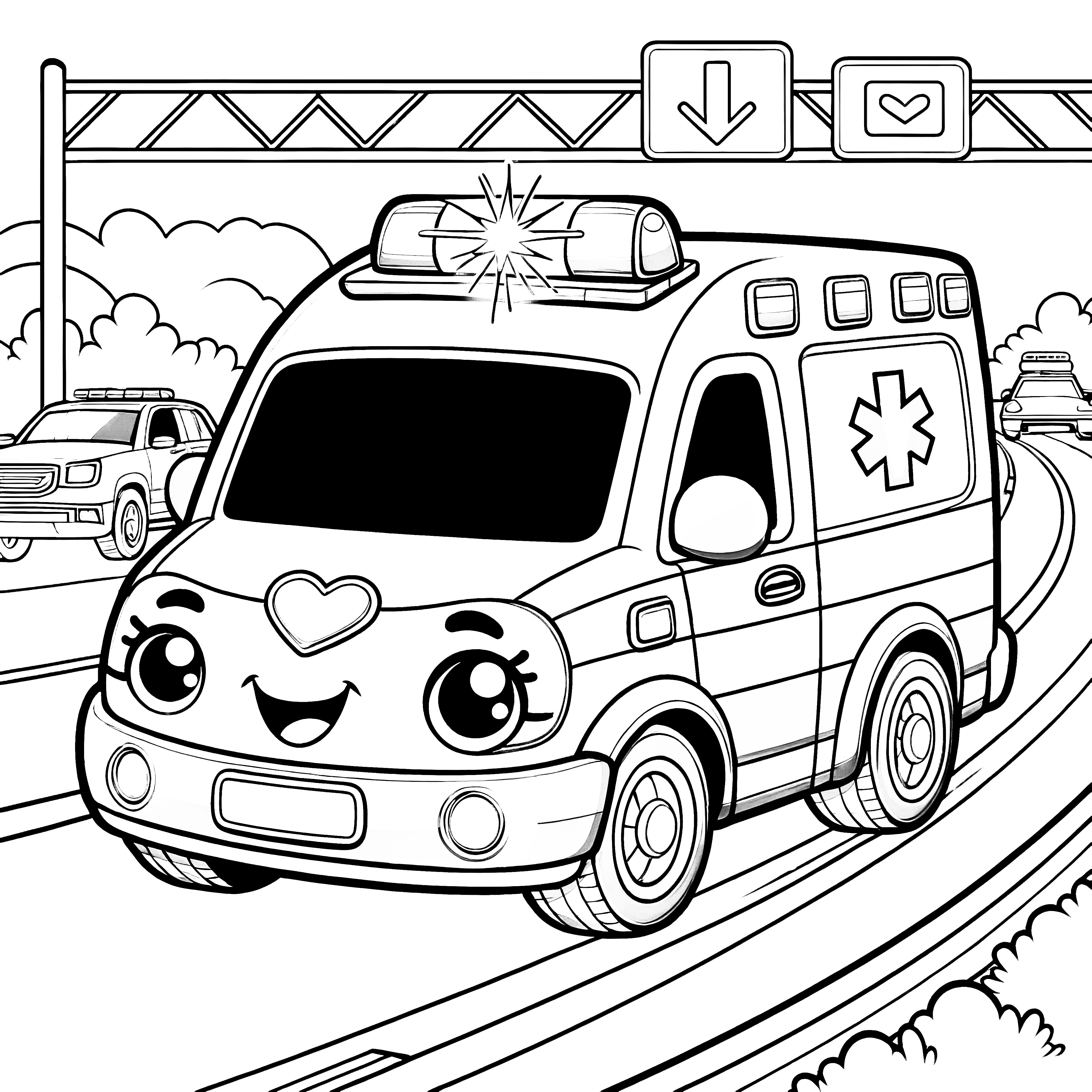 Friendly ambulance with face on street: Coloring picture for children (Free)