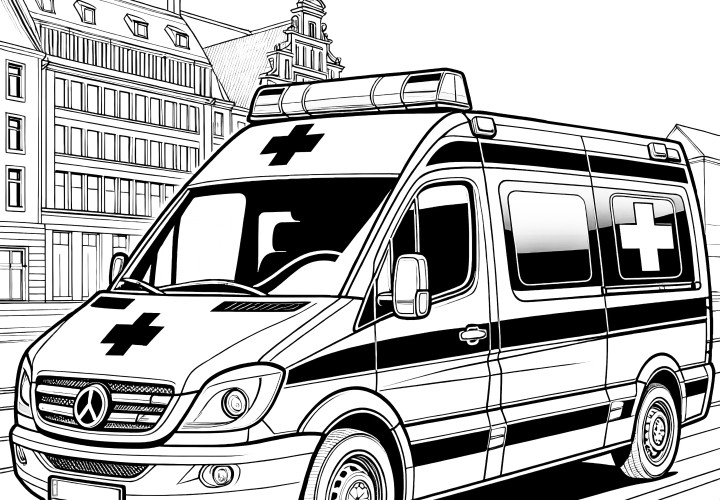 Ambulancia frente al edificio: imagen para colorear para descargar (Gratis)