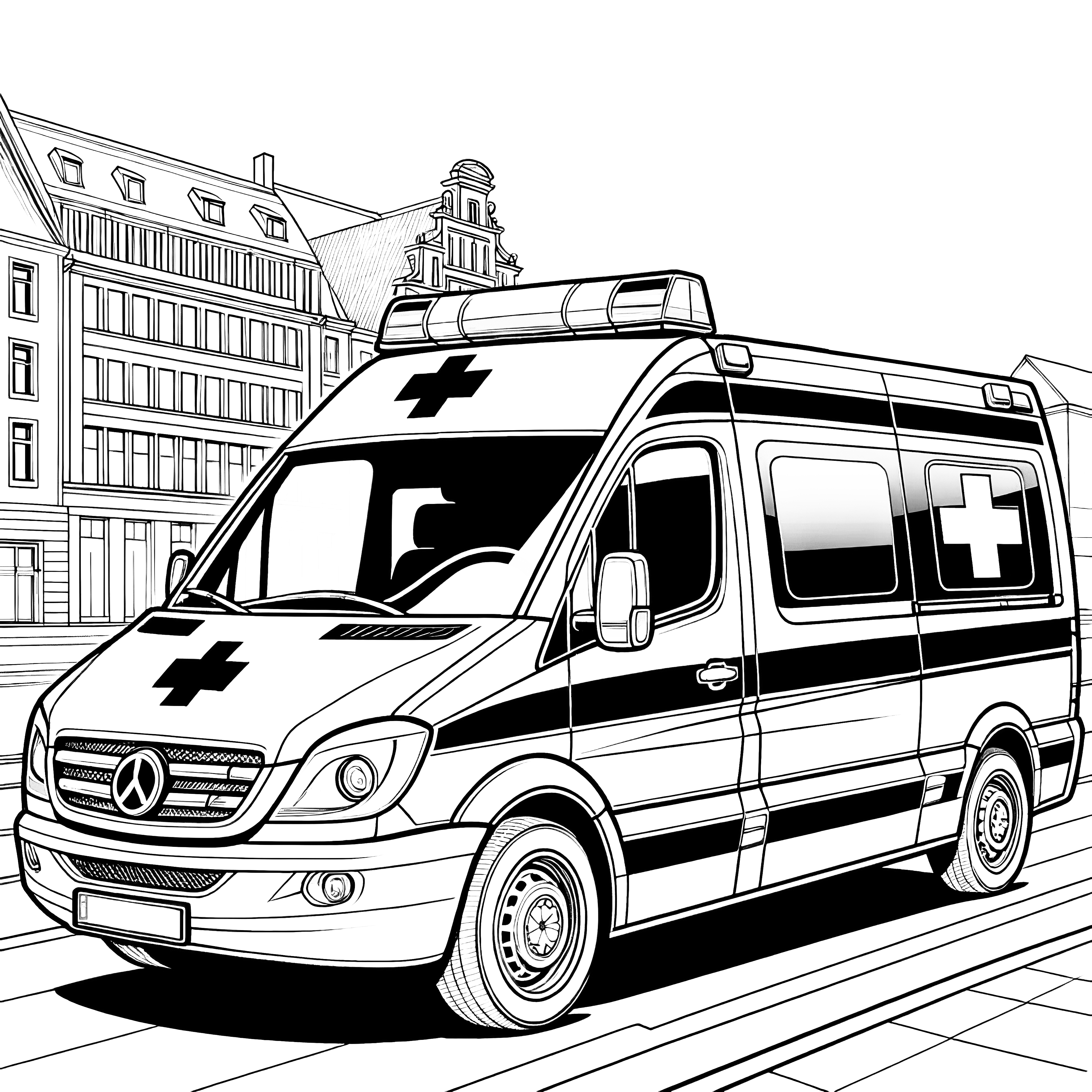 Ambulance devant le bâtiment : image à colorier à télécharger (gratuit)