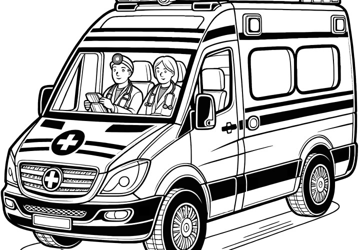 Ambulance avec deux médecins d'urgence : Coloriage pour enfants (Gratuit)