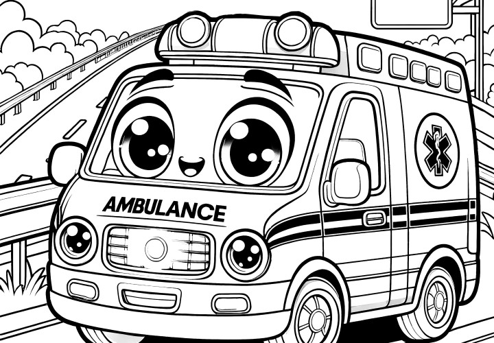 Happy toy ambulance with a smiling face: Coloring page for download (Free)