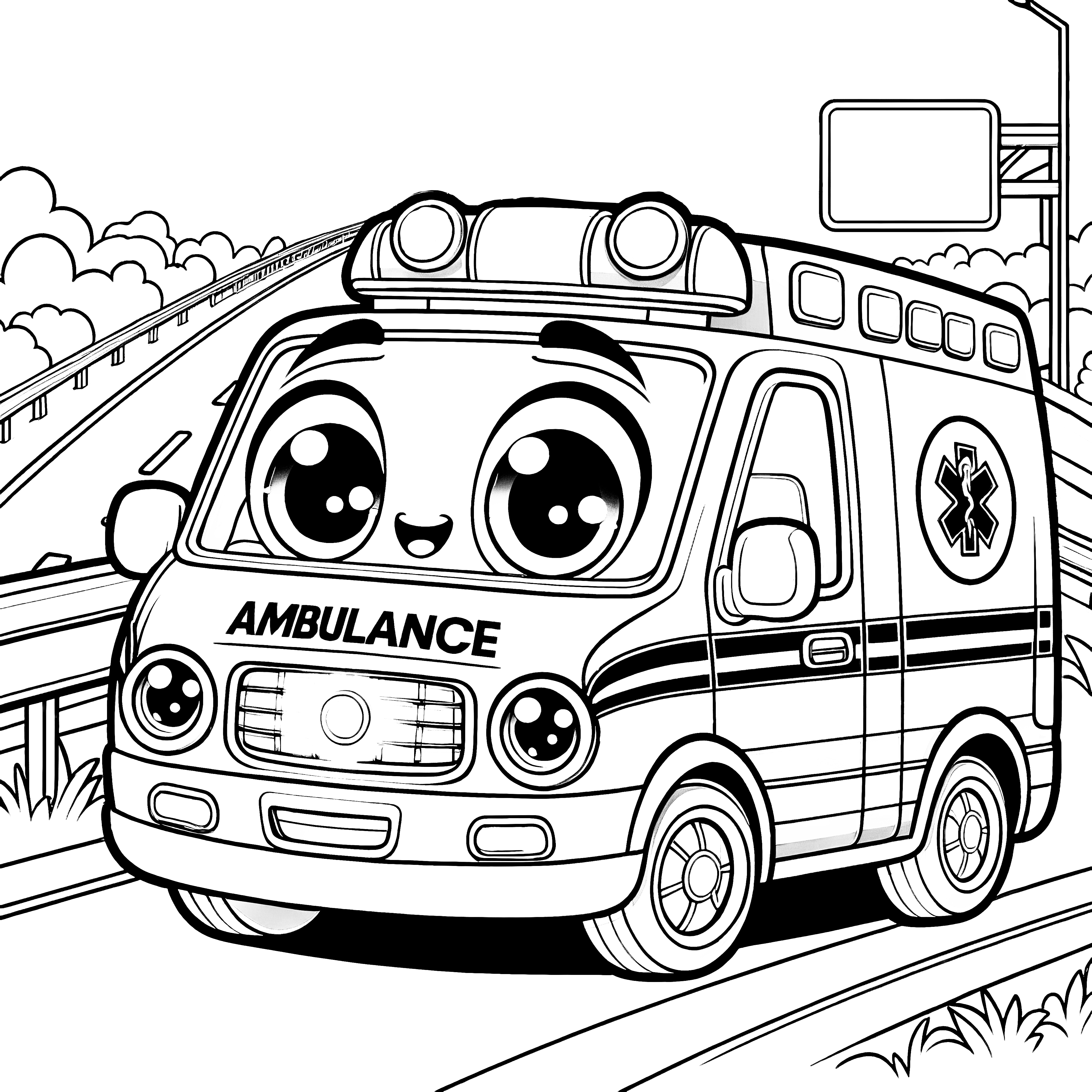 Ambulance-jouet joyeuse avec un visage souriant : coloriage à télécharger (gratuit)