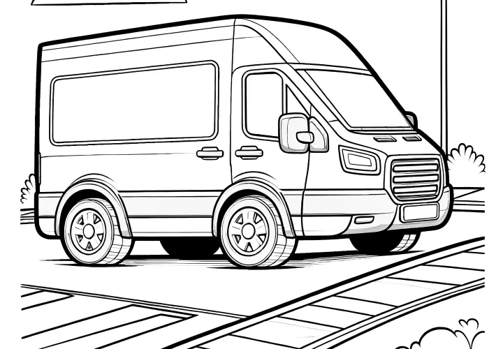 Lieferfahrzeug steht auf Parkplatz: Malvorlage zum Herunterladen (Gratis)