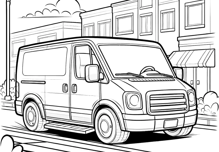 Van in the city: Coloring page for download (Free)