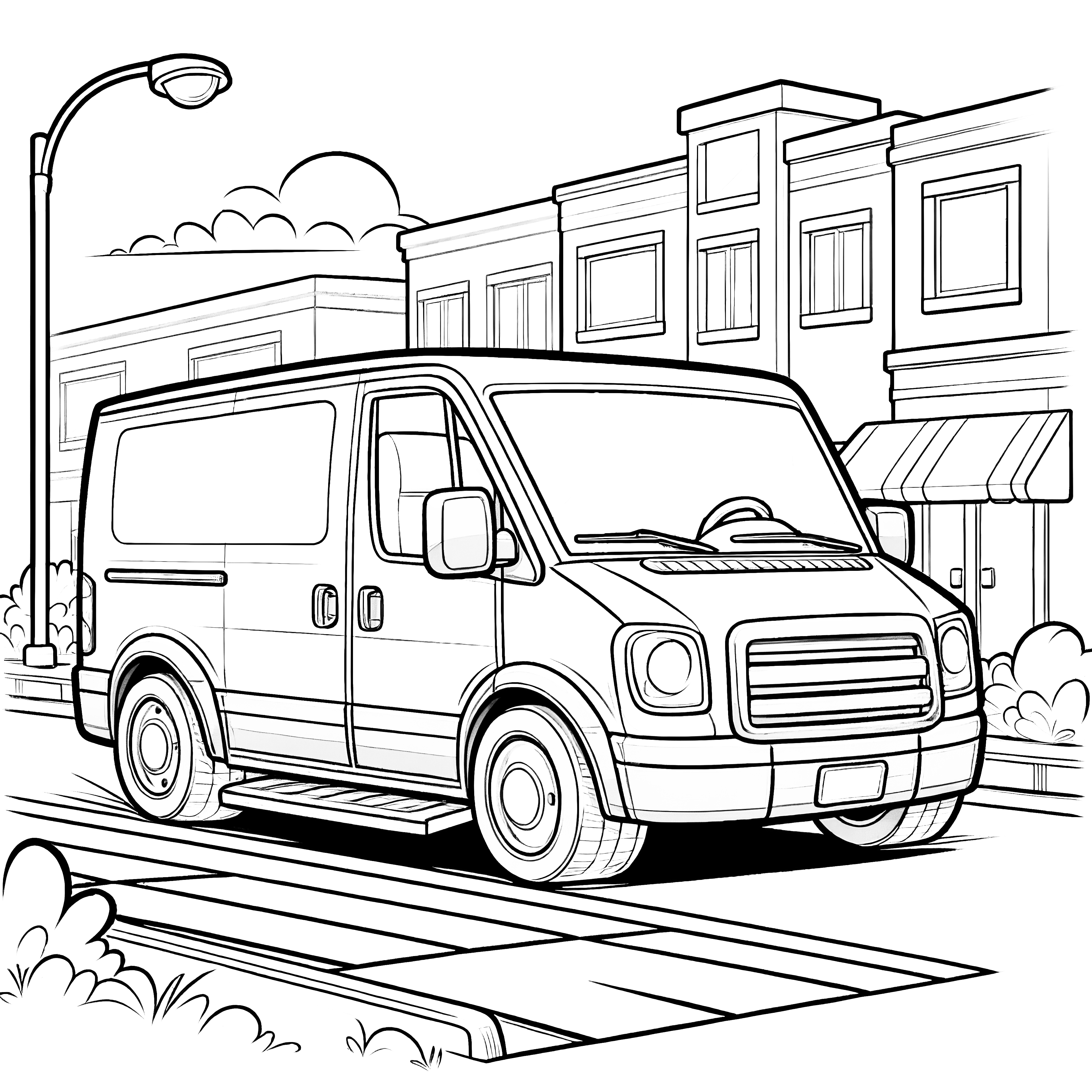 Delivery van in the city: Coloring page for download (free)