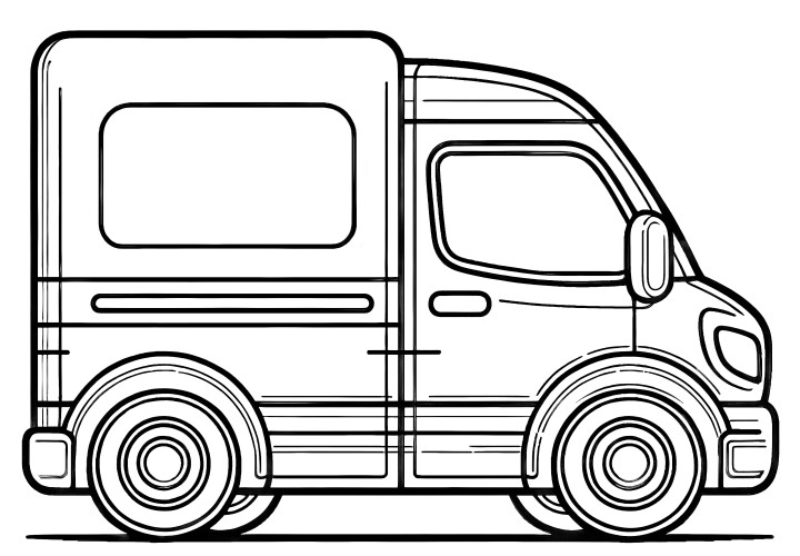 Delivery van side view: Simple coloring sheet for kids (Free)