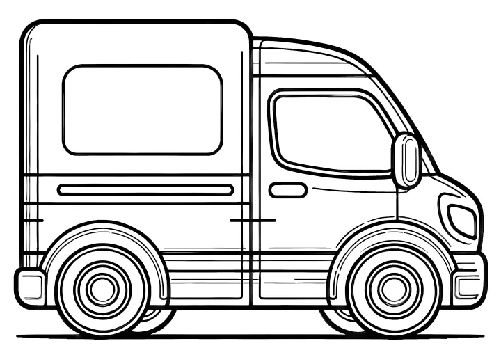 Delivery van side view: Simple coloring sheet for kids (Free)