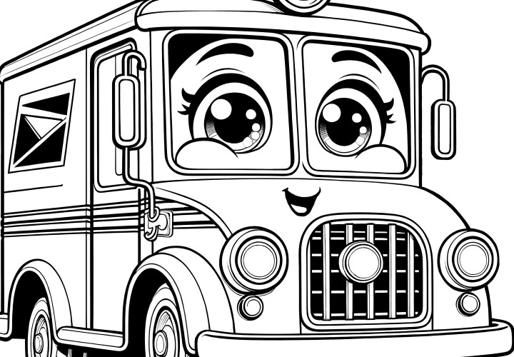 Camion de livraison mignon avec de grands yeux : coloriage pour enfants (gratuit)