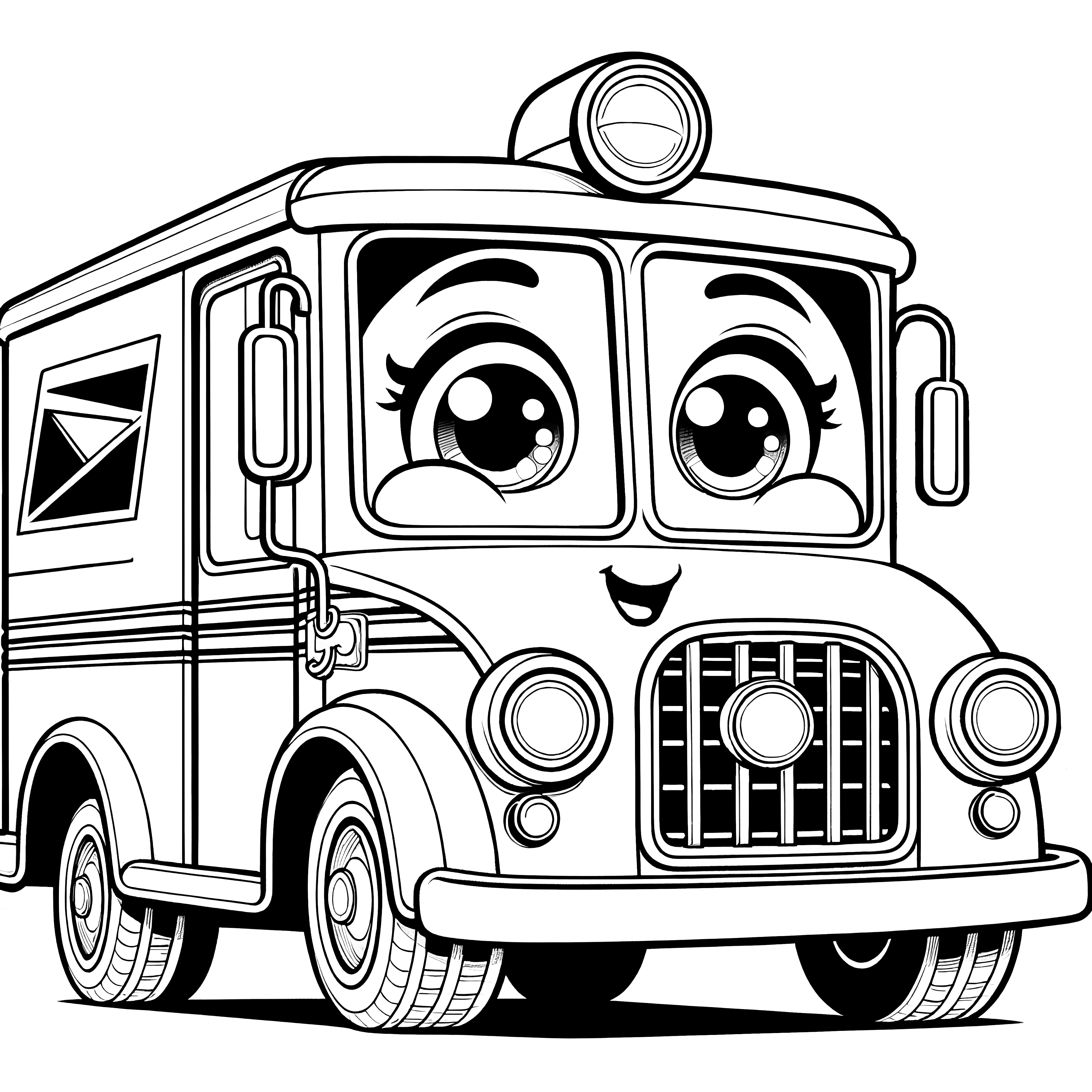 Camion de livraison mignon avec de grands yeux : coloriage pour enfants (gratuit)