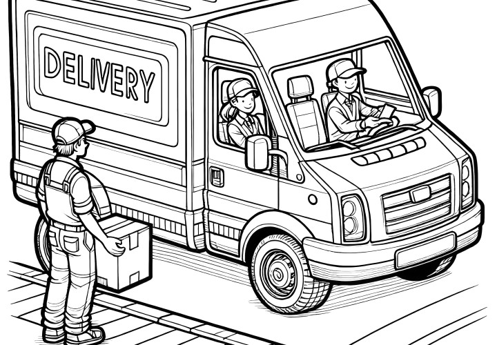 Camion de livraison de service de colis : Coloriage à télécharger (Gratuit)