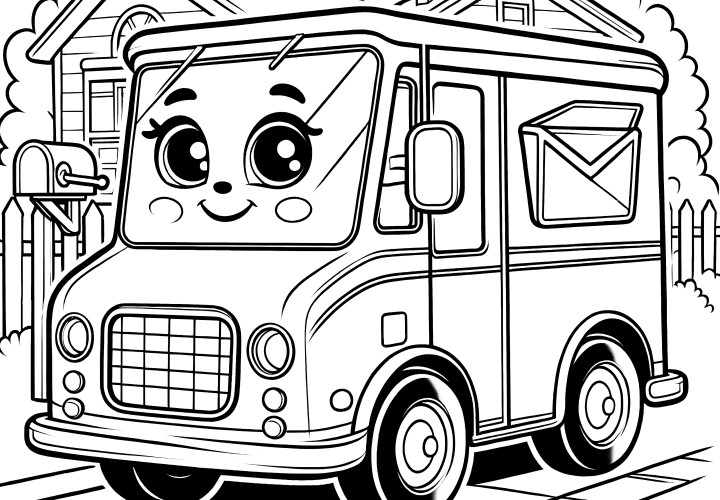 Un camion de livraison amical avec un visage en tant que voiture postale : Coloriage simple pour les enfants (Gratuit)