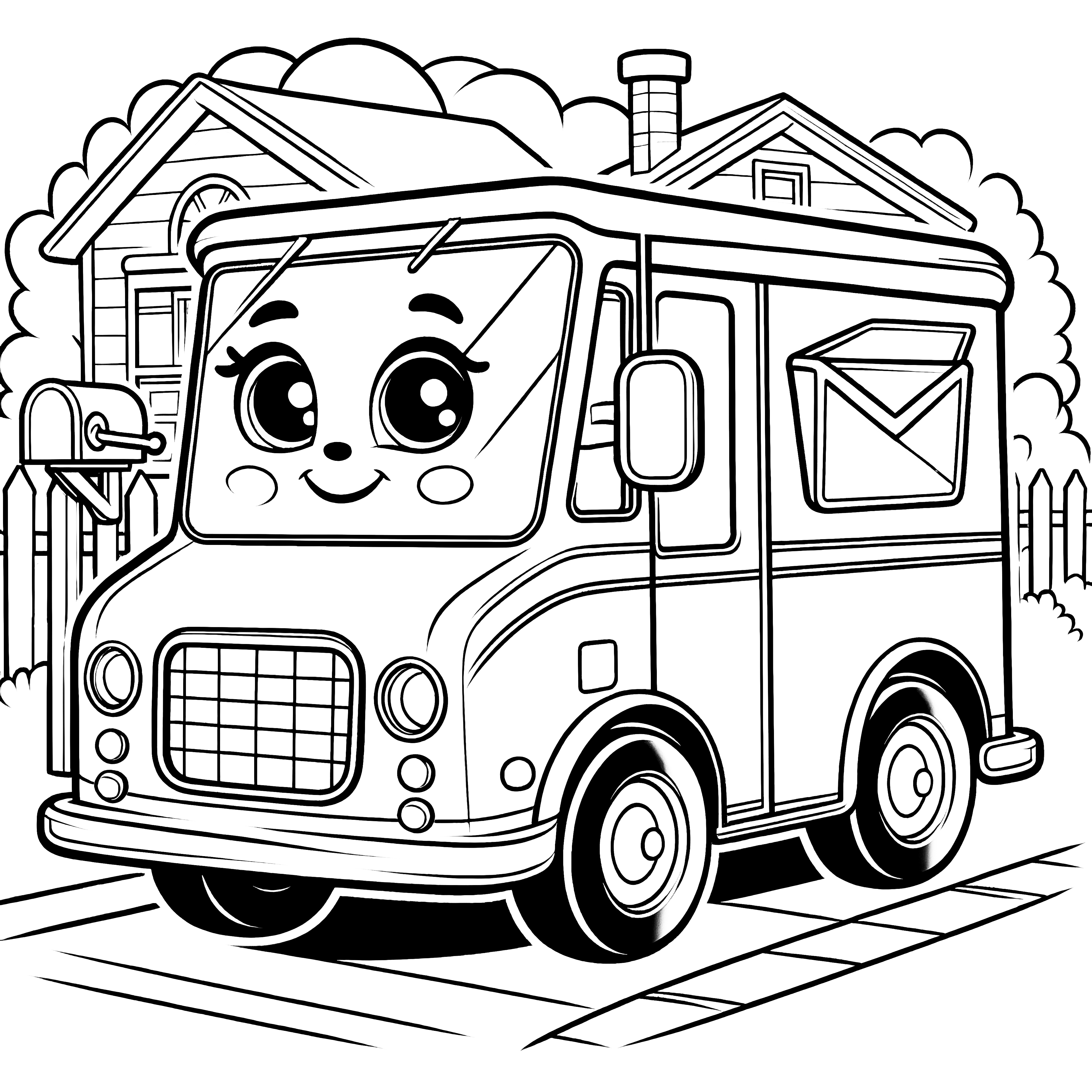 Friendly delivery van with a face as a postal vehicle: Simple coloring picture for children (Free)