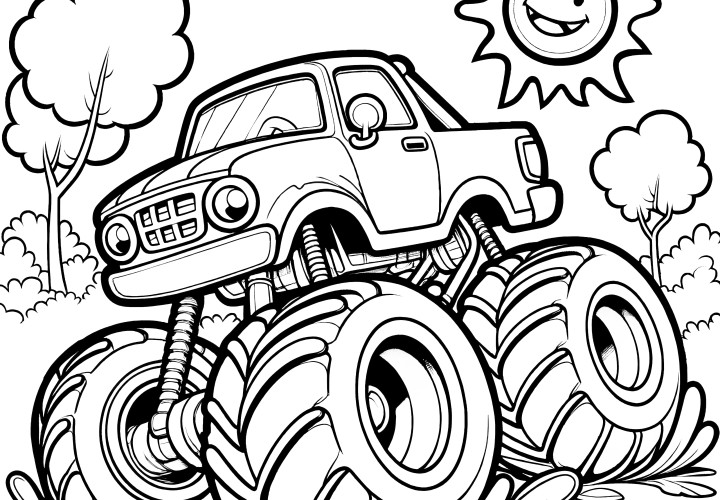 Monster truck, arbres et soleil : coloriage pour enfants (gratuit)