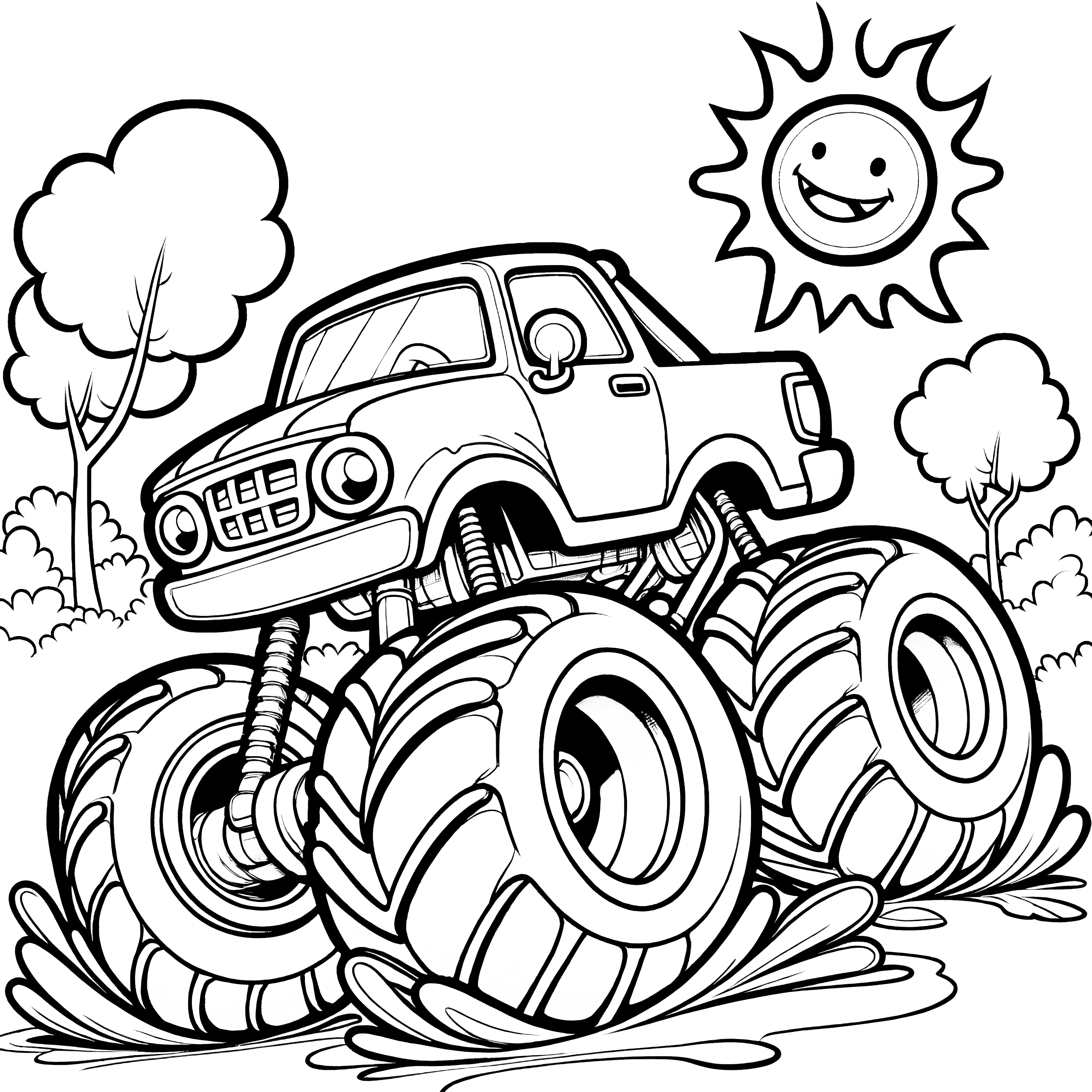 Monster truck, arbres et soleil : coloriage pour enfants (gratuit)