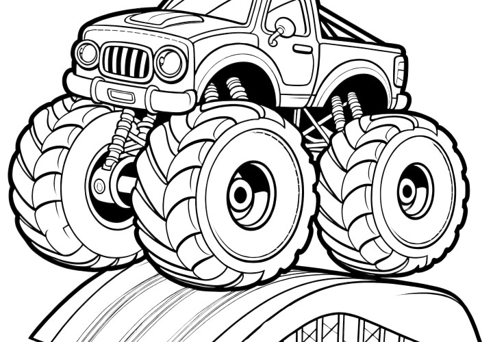 Monstertruck roule sur une rampe.Ne pas traduire : Malvorlage (Gratis)