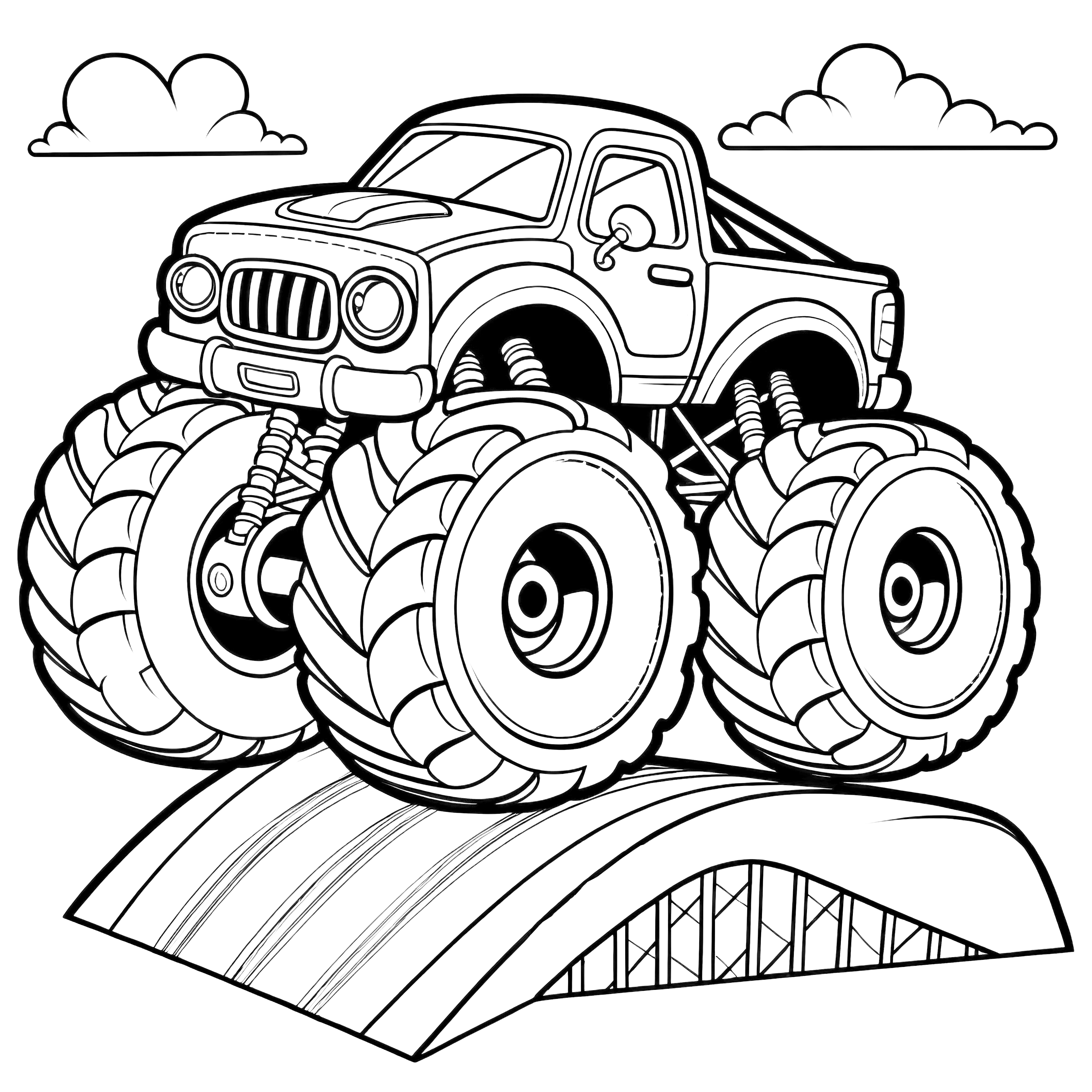 Monster truck drives over ramp coloring page (free)