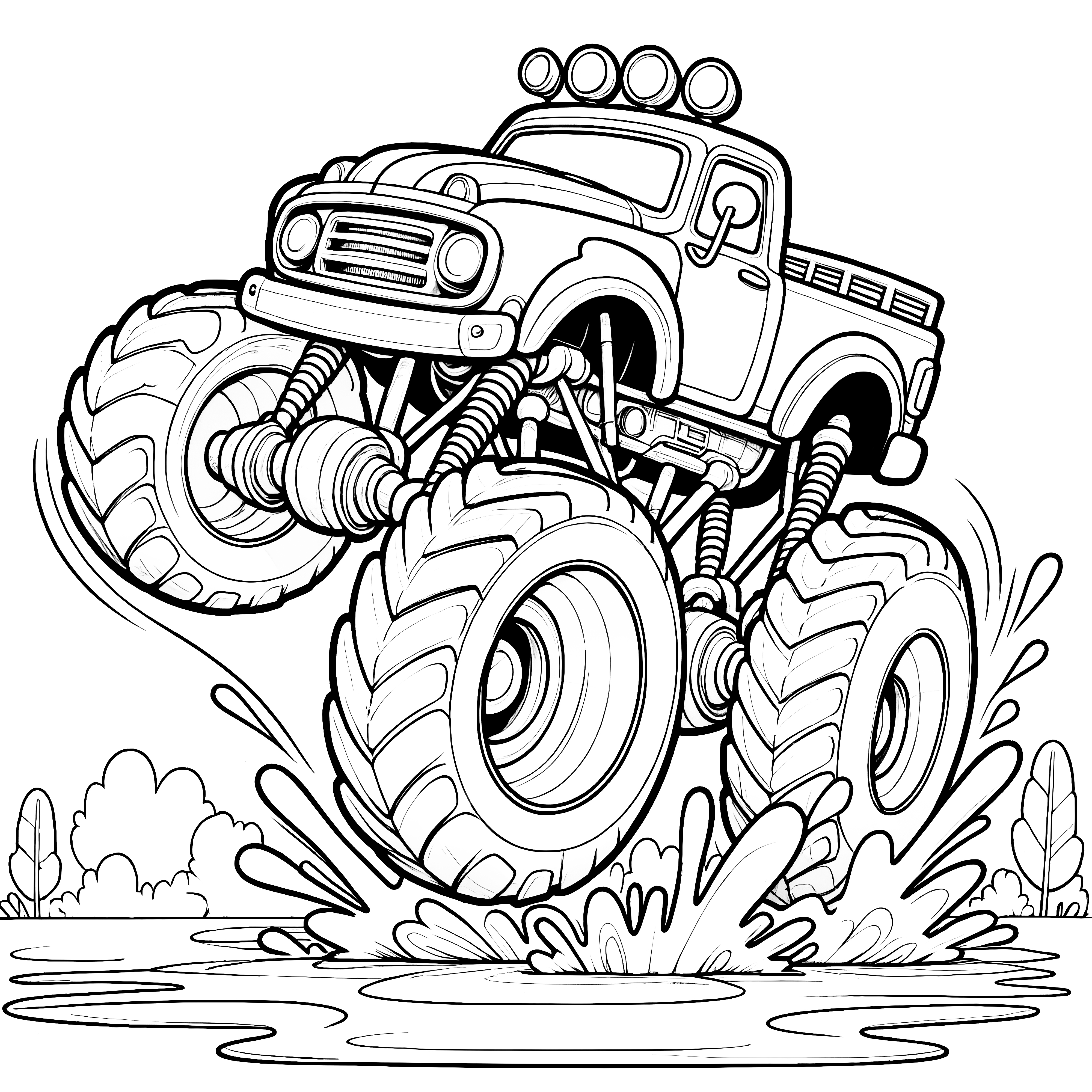 Monster truck dans l'eau boueuse : coloriage gratuit à télécharger