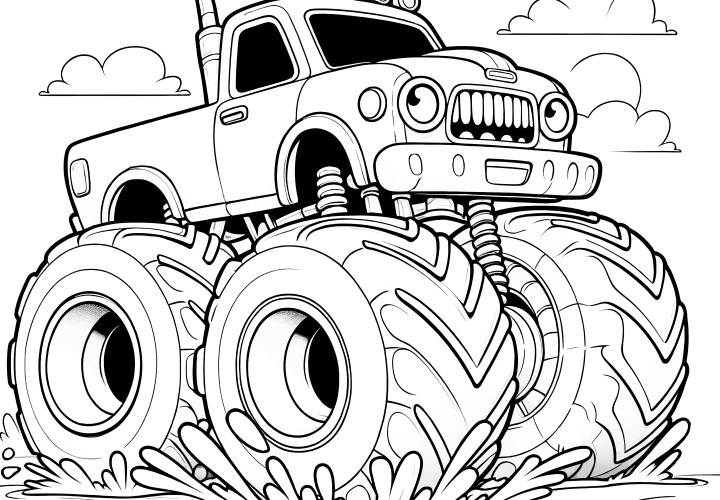 Free coloring page: Monster truck with eyes in the mud