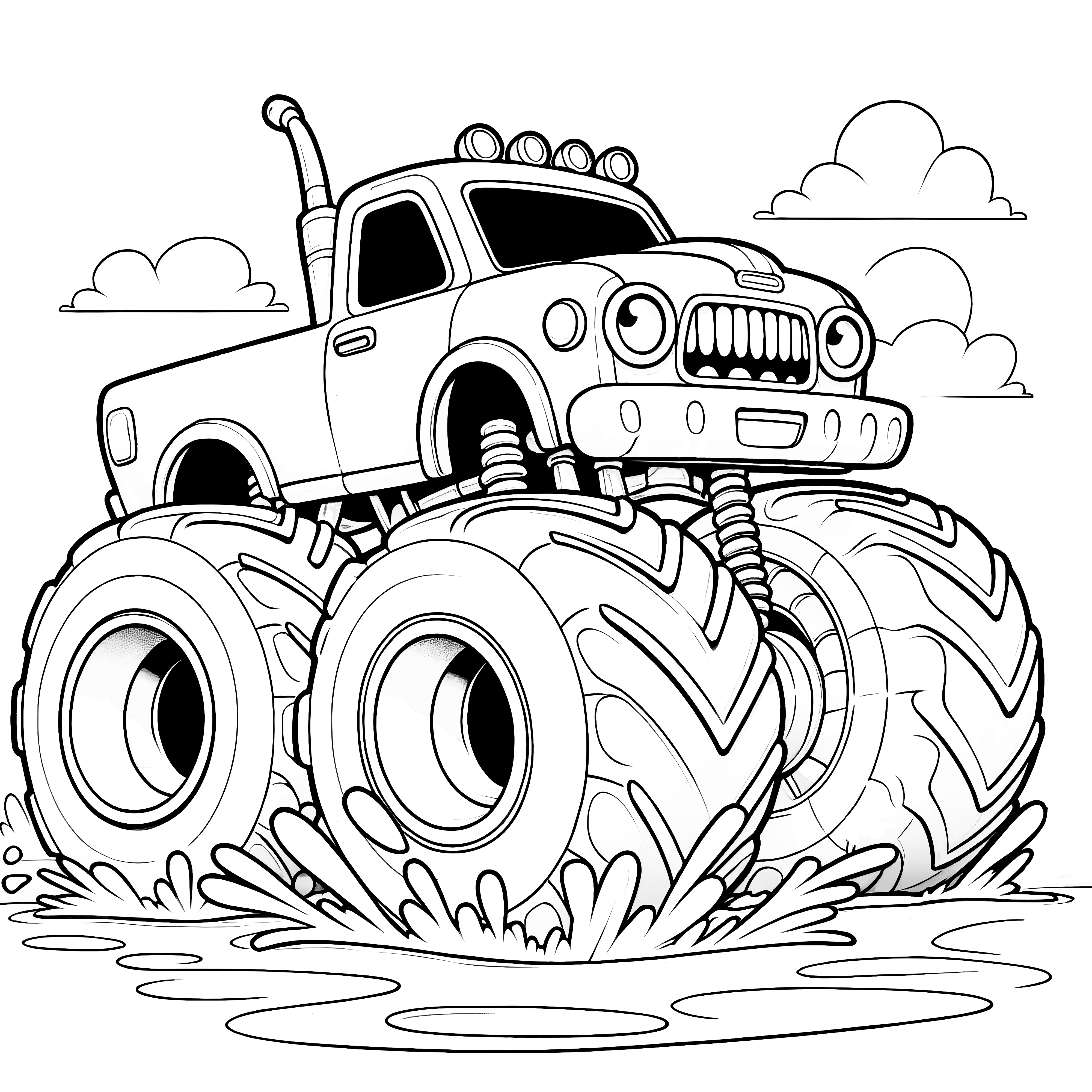 Free coloring page: monster truck with eyes in the mud