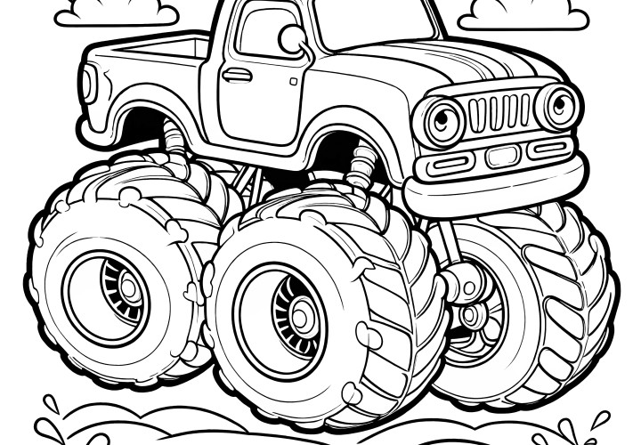 Monster truck floats through the air: Free coloring picture for children