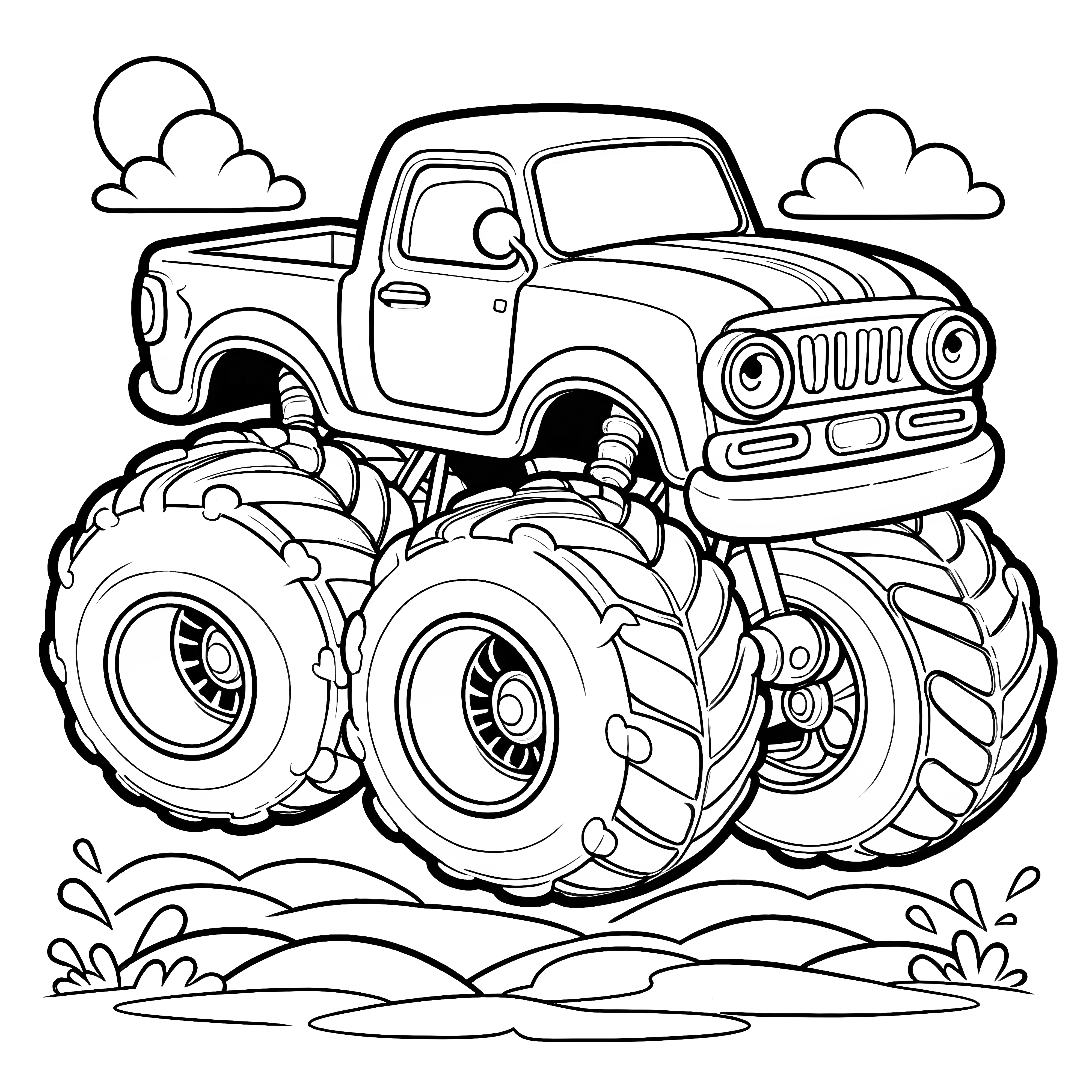 Monster truck hovers through the air: Free coloring picture for kids