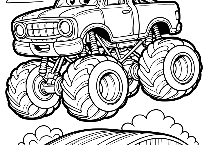 Monster truck saute par-dessus une rampe : Coloriage gratuit