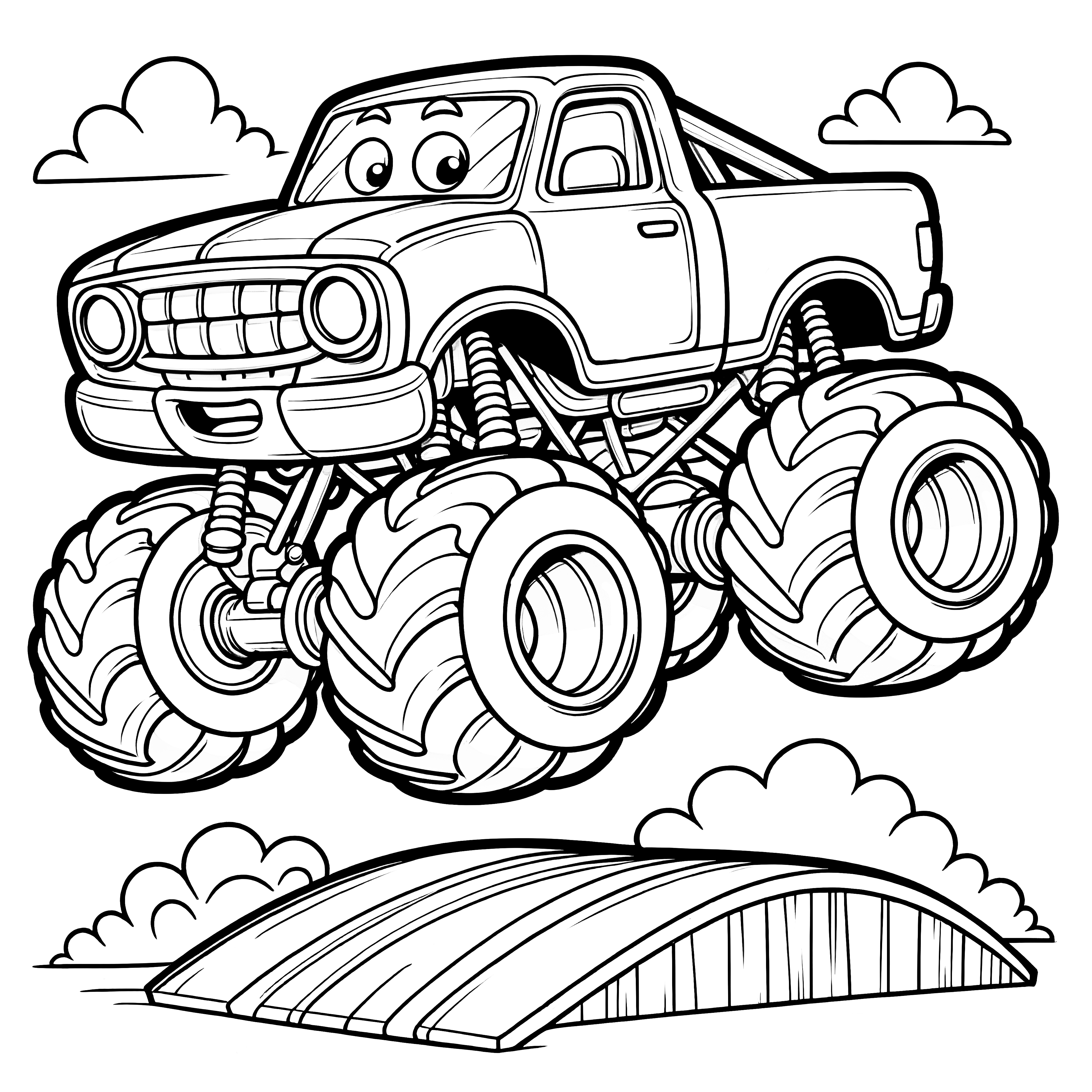 Monster truck jumps over ramp: Free coloring page