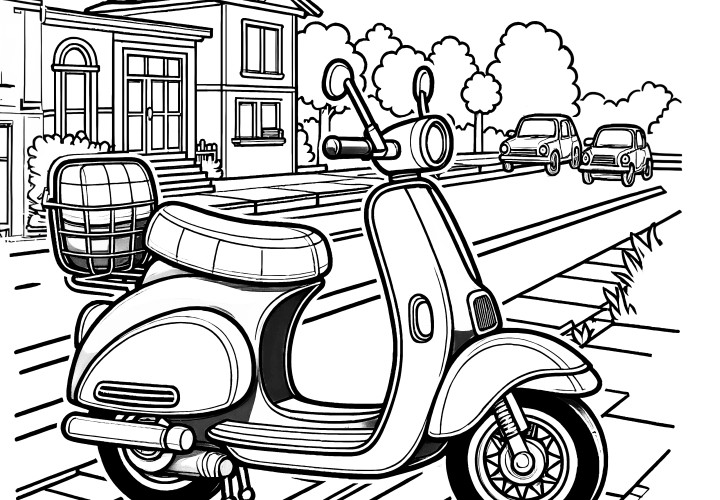 Scooter de ville sur un parking en bord de route : Coloriage gratuit