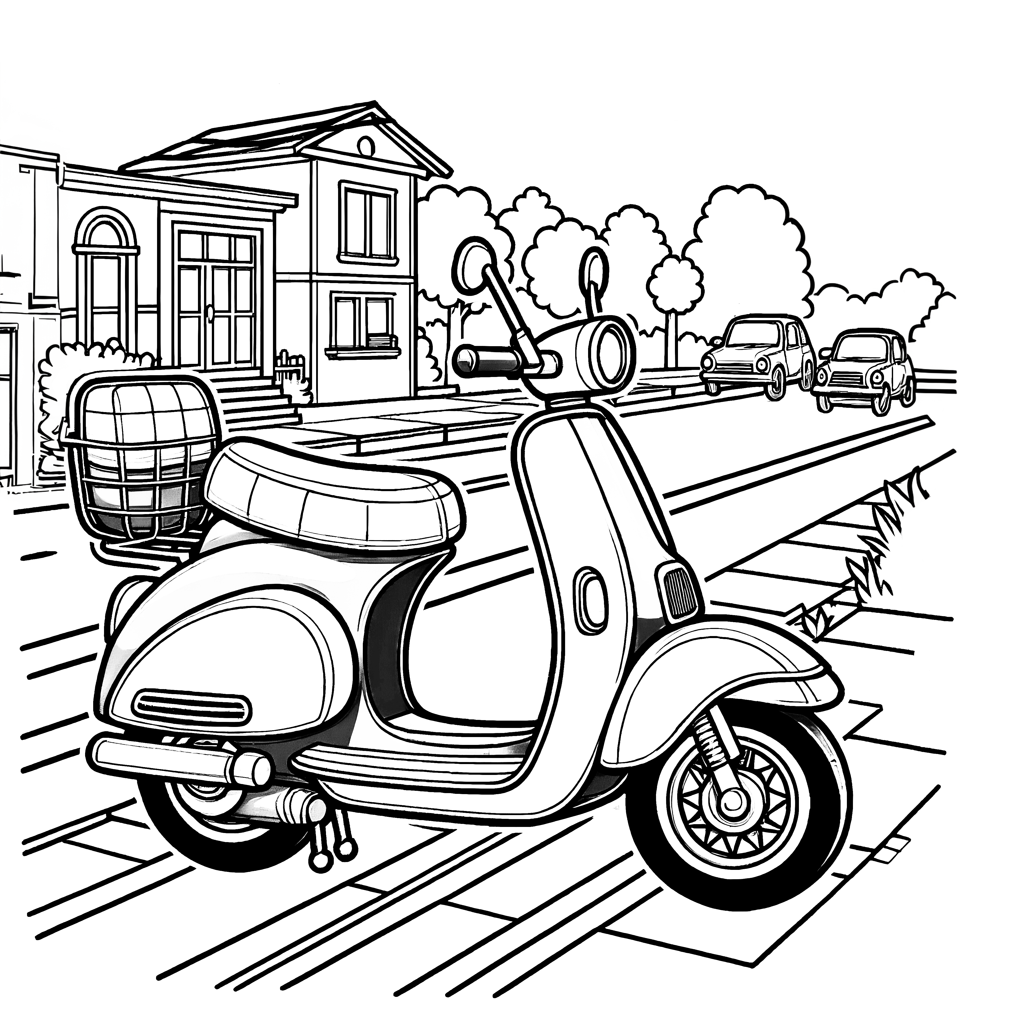 City scooter in parking lot on the side of the road: Free coloring page