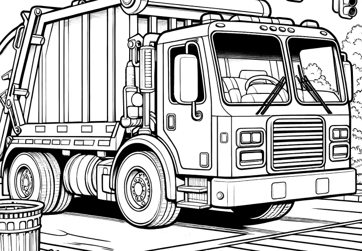 Garbage truck stands at traffic light: Coloring page for free download