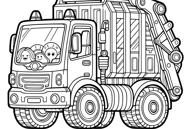 Camion poubelle amusant : Coloriage facile pour les enfants (Gratuit)