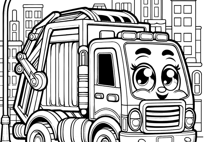 Laughing garbage truck with funny eyes: coloring page for children (Free)