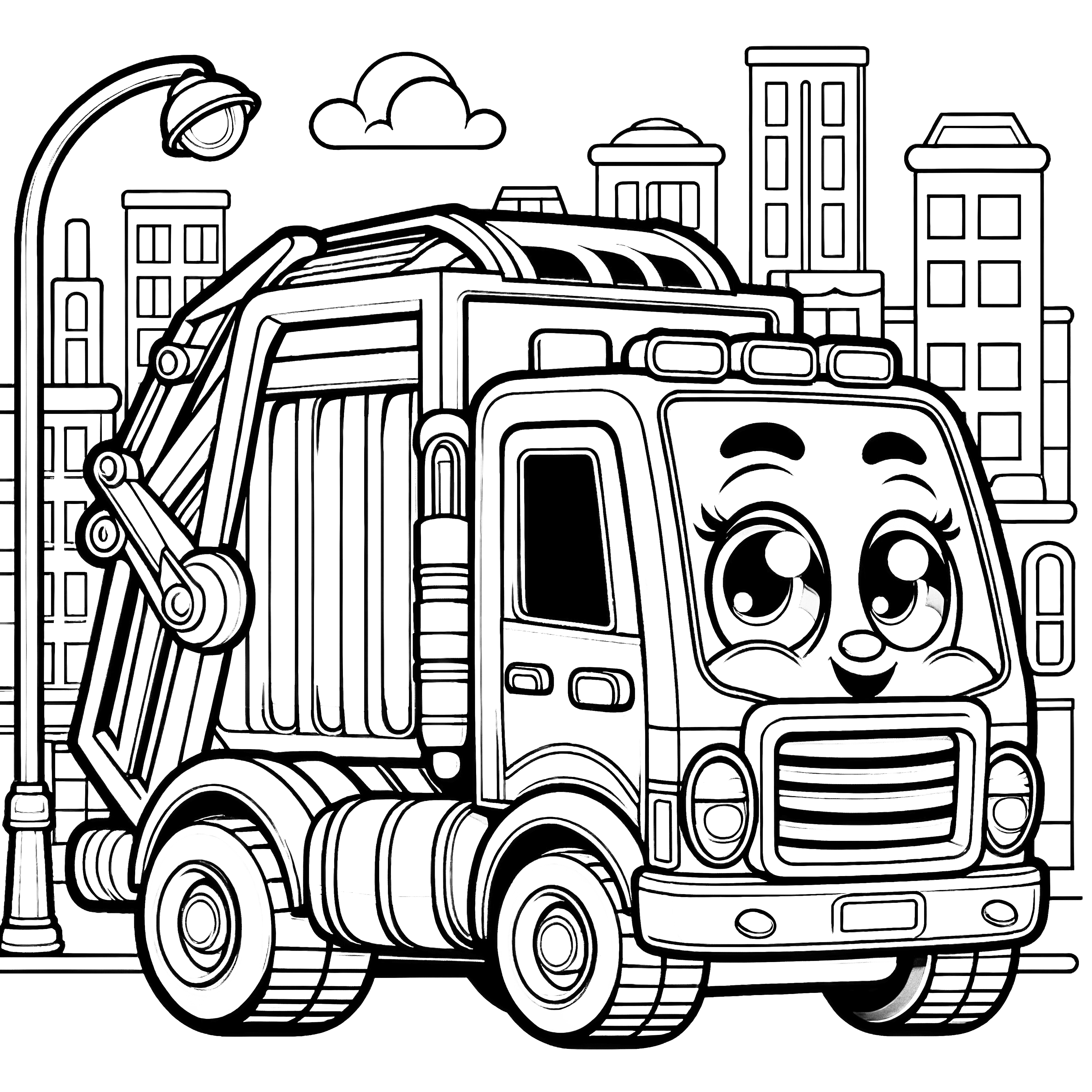 Laughing garbage truck with funny eyes: Coloring page for children (Free)