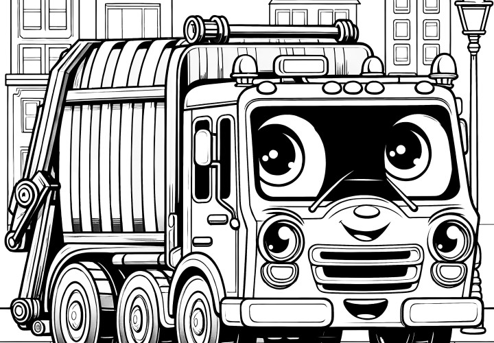 Camion poubelle avec un visage : Coloriage simple pour enfants (gratuit)