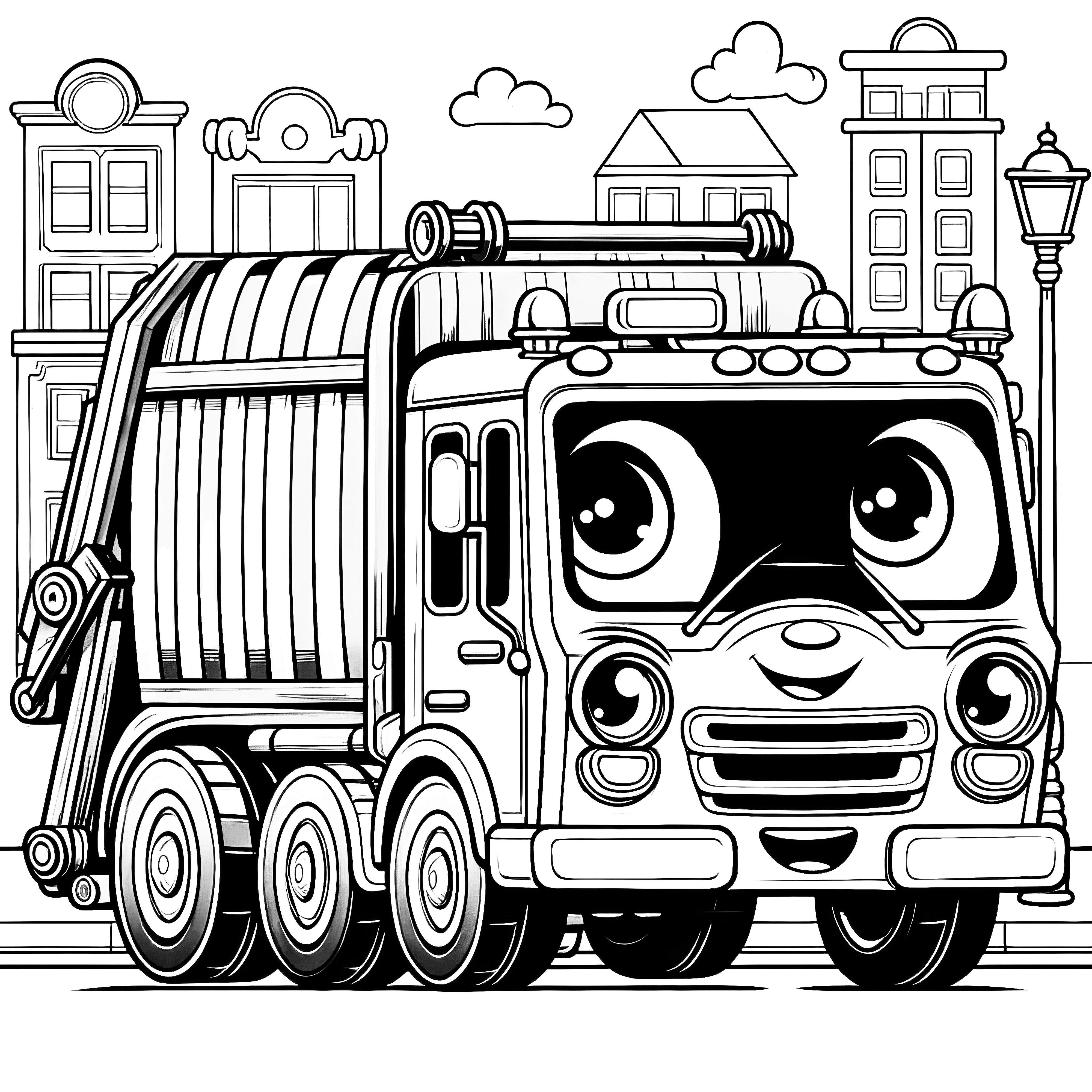 Garbage truck with a face: Simple coloring picture for children (Free)