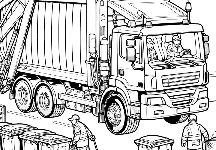 Garbage men bring garbage bags to the garbage truck as a coloring picture (Free)