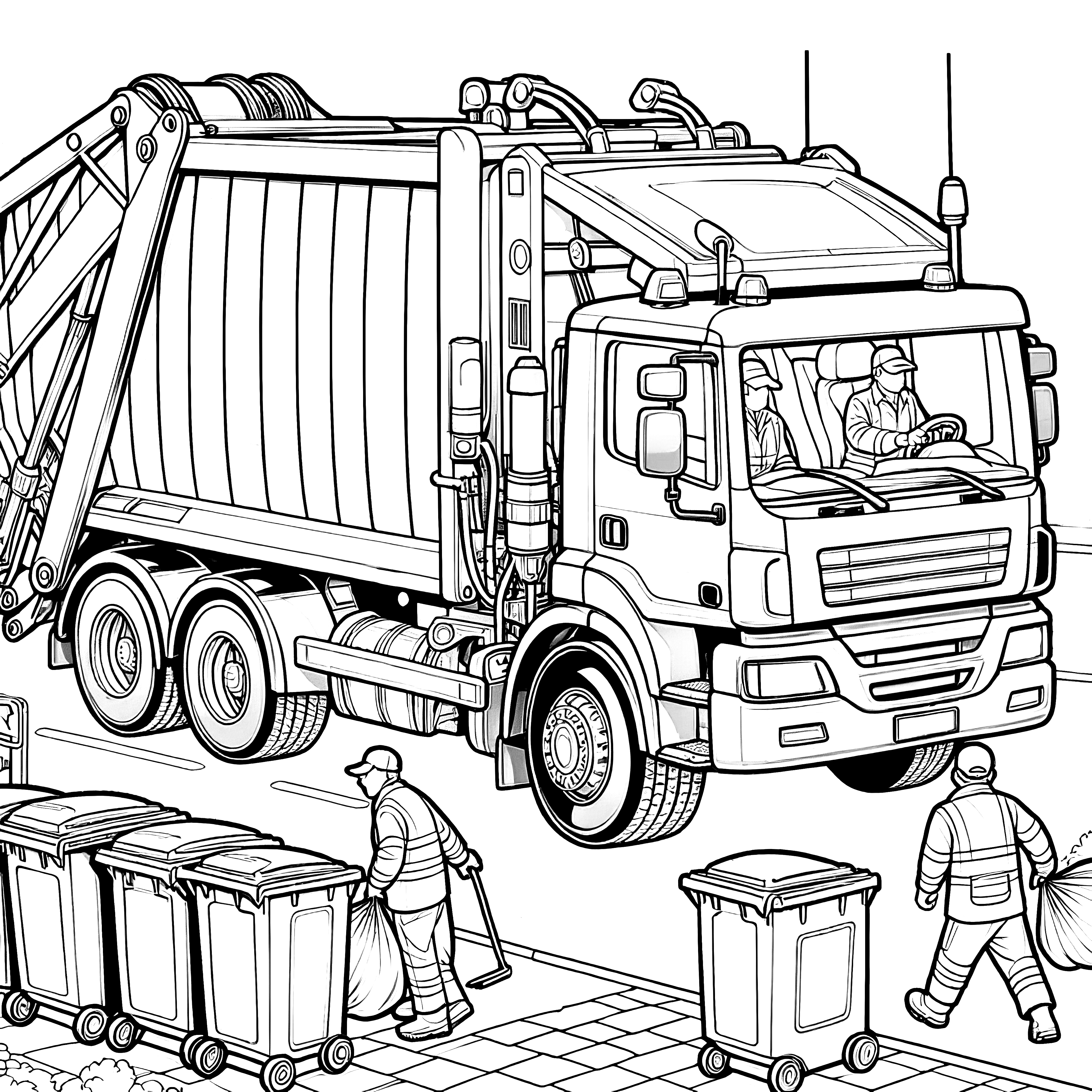 Garbage men bring garbage bags to the garbage truck as a coloring page (Free)