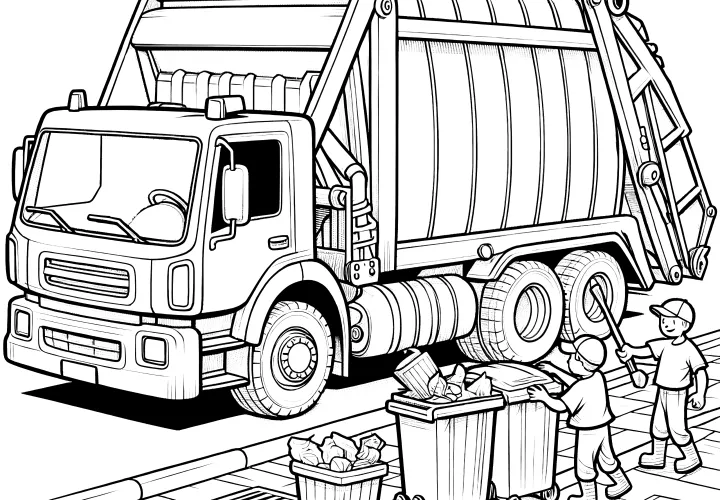 Truk sampah di depan tempat sampah: Gambar mewarnai untuk diunduh (Gratis)