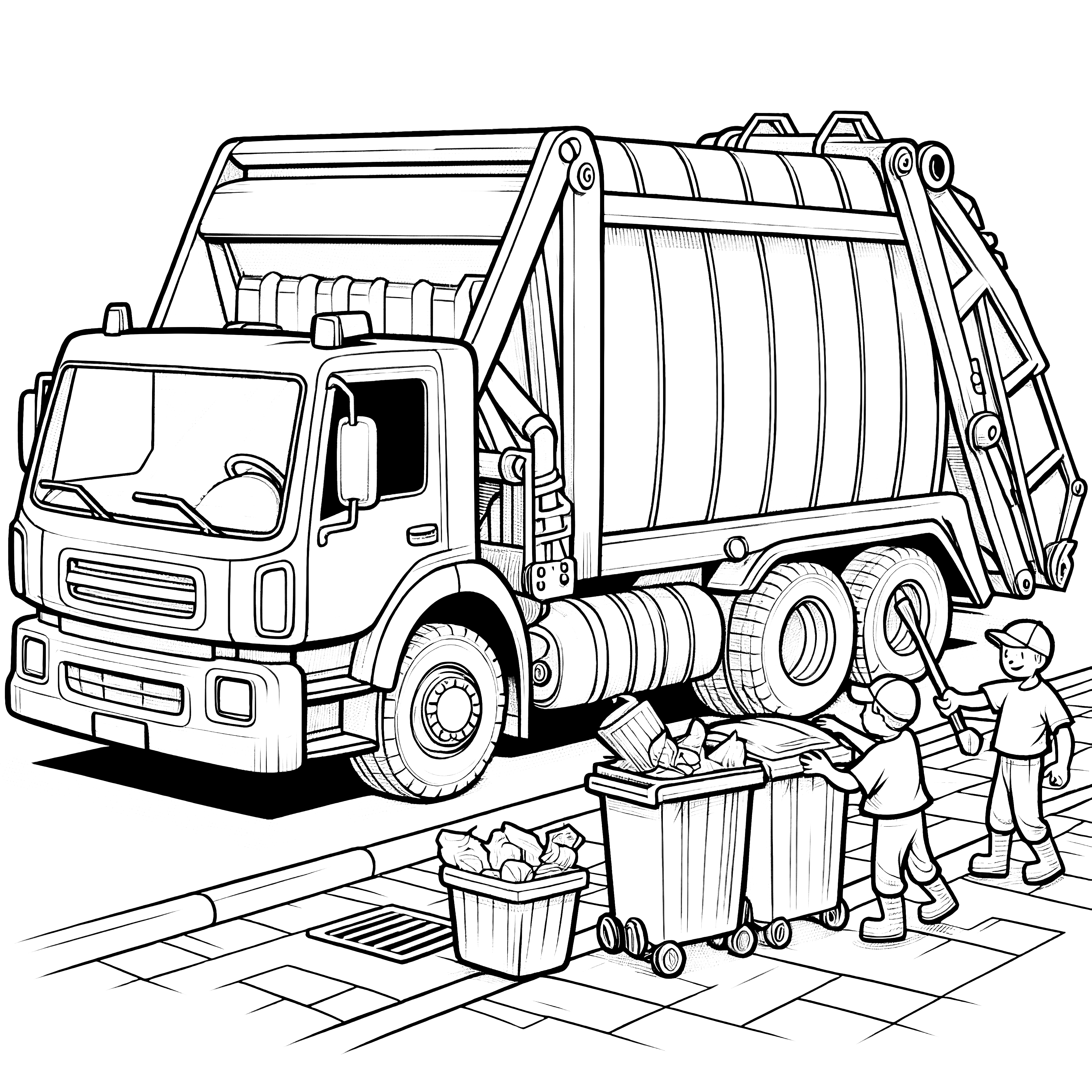 Garbage truck in front of trash cans: Coloring picture for download (free)