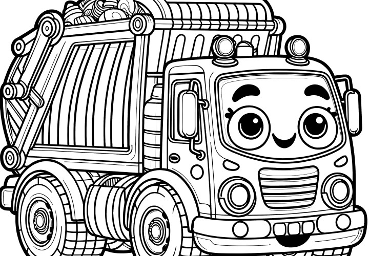 Camion poubelle mignon avec un visage : Coloriage simple pour les enfants (Gratuit)