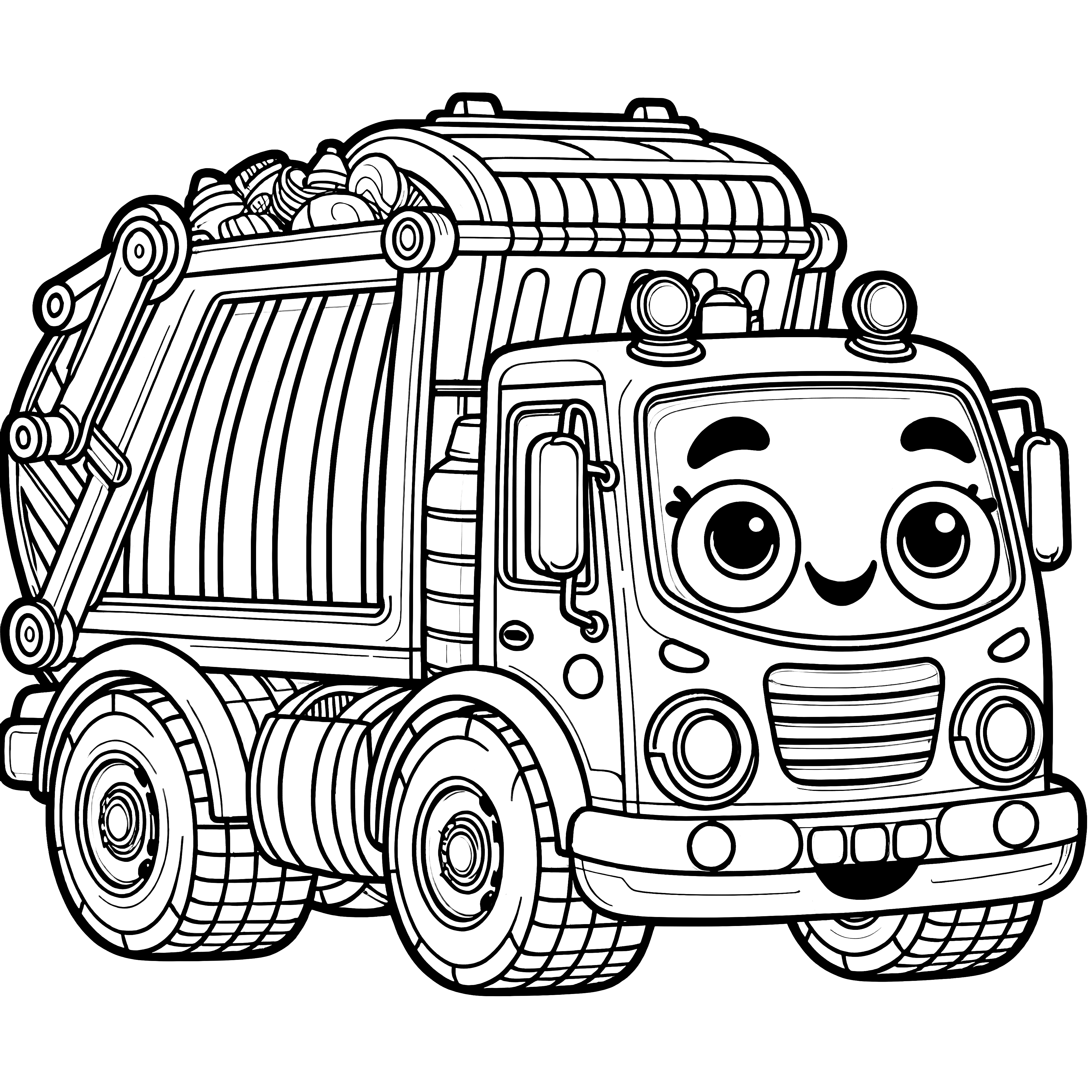 Cute garbage truck with a face: Simple coloring picture for children (Free)